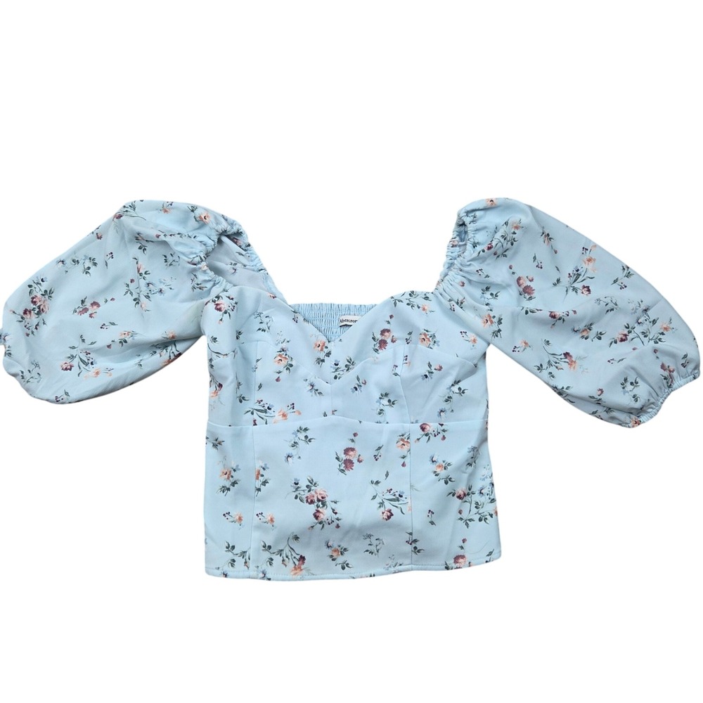Abercrombie‎ Fitch Floral Light Blue Summer Crop Top Puffy Sleeves